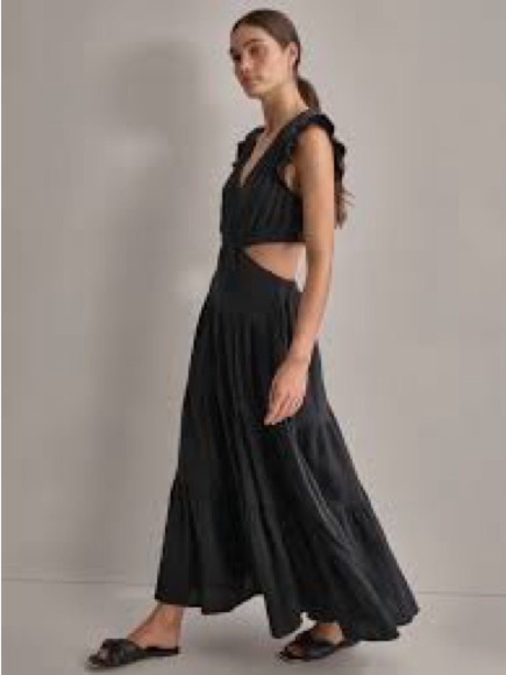 NWT DKNY Jeans Women's Linen-Blend Tiered V-Neck Cutout Dress Black Sz S - Picture 2 of 7